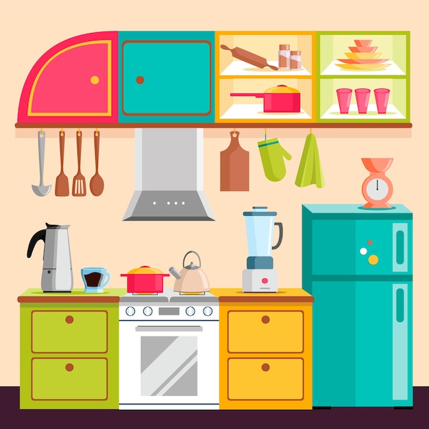  Kitchen  set  interior vector illustration Vector Premium 