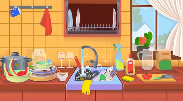 汚れた皿が付いている台所の流し 汚れた台所 清掃会社のコンセプトです フラット漫画のベクトル図です プレミアムベクター