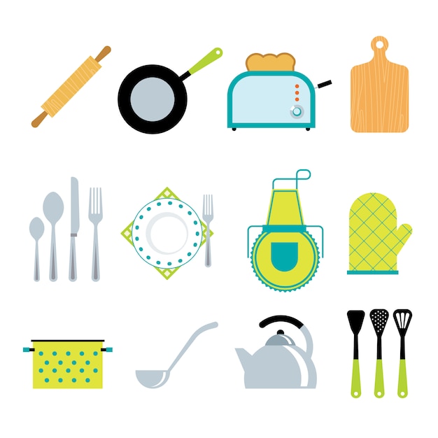 View Detail Kitchen tools accessories flat icons set Vector | Premium ... Design Interior