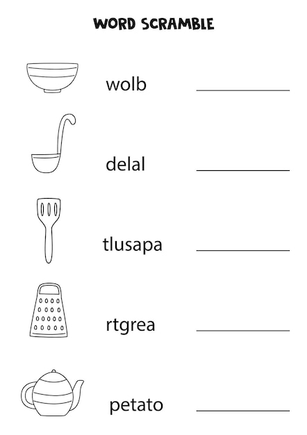 Premium Vector Kitchen Word Scramble For Kids Sort Letters Into   Kitchen Word Scramble Kids Sort Letters Into Correct Order Worksheet Children 122784 3365 