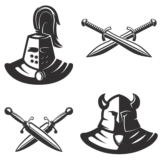 白い背景の上の剣を持つ騎士エンブレムテンプレート ロゴ ラベル エンブレム 記号 ブランドマークの要素 図 プレミアムベクター