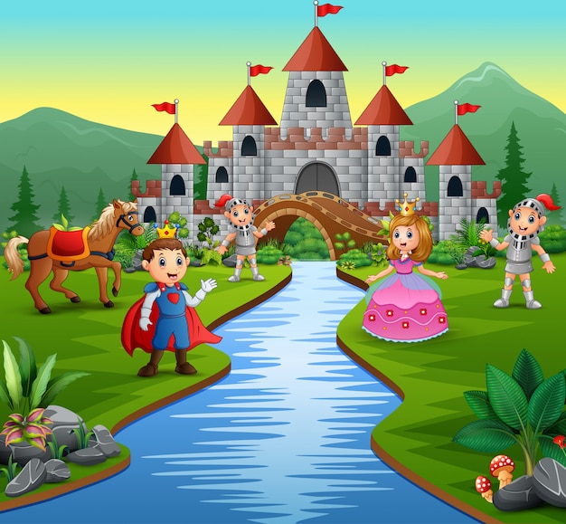 Premium Vector Knight with princess and prince in a castle landscape