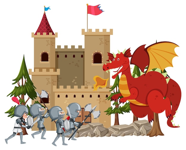 Premium Vector | Knights fight with dragon at the castle