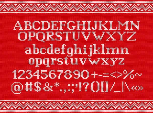 ニットフォント シームレスニットパターンのクリスマス書体 文字 数字 記号 記号 プレミアムベクター