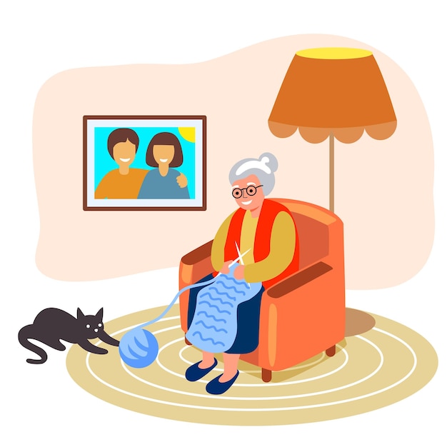Premium Vector | Knitting old woman knits granny knitting in her ...