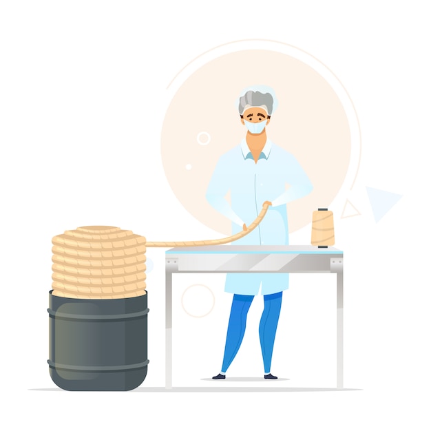 編み糸生産プロセスフラットカラーイラスト 研究室の男性労働者 製造施設 ロープ作り 工場の従業員 白い背景の上の孤立した漫画のキャラクター プレミアムベクター 編み糸生産プロセスフラットカラーイラスト 研究室の男性労働者 製造施設 ロープ作り 工場の従業員 白い背景の上の孤立した漫画のキャラクター プレミアムベクター