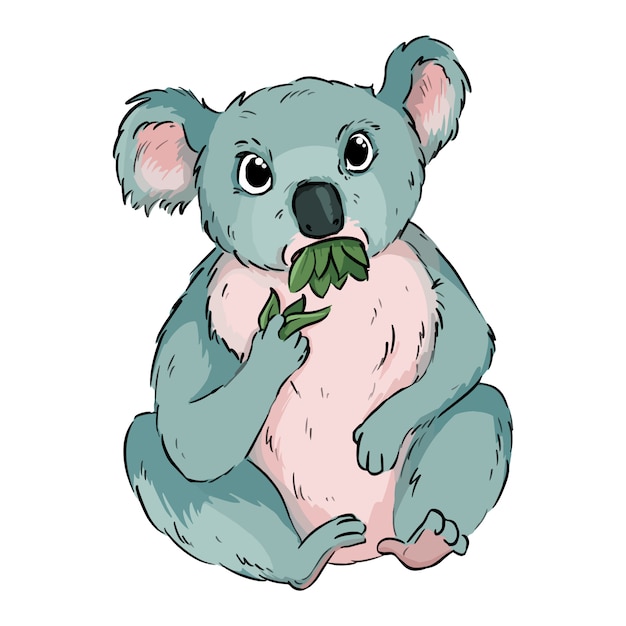 Koala eating eucalyptus cartoon doodle. cute koala animal chewing leaves comic style drawing for ...