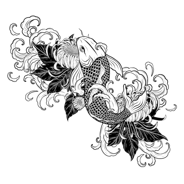手描きによる鯉の魚と菊の入れ墨 プレミアムベクター
