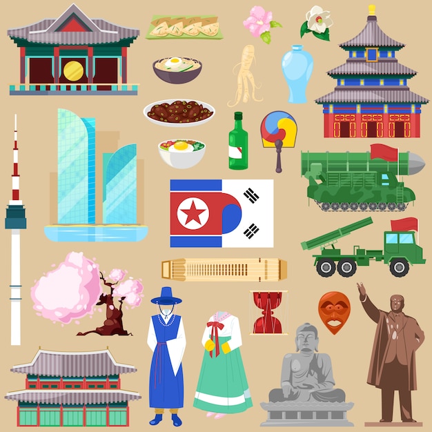 韓国または北朝鮮の国イラスト観光の韓国韓国伝統文化のシンボル プレミアムベクター