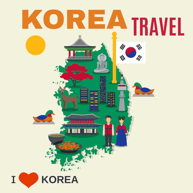 韓国文化のシンボル地図旅行ポスター 無料のベクター