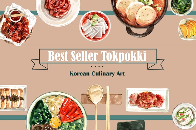 スパイシーなチキン キムチ Ddukbokki水彩イラストと韓国料理のデザイン プレミアムベクター