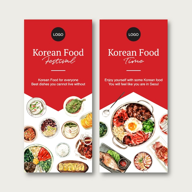 ビビンバ水彩イラストと韓国料理チラシデザイン プレミアムベクター
