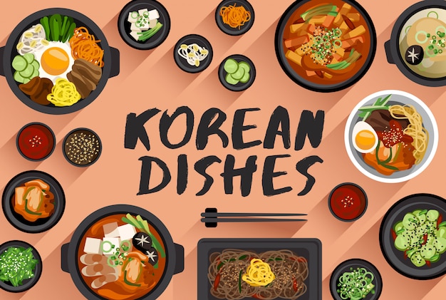 トップビューベクトルイラストで韓国料理食品イラスト プレミアムベクター