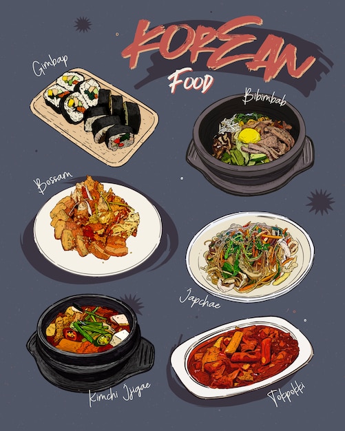 Korean food menu restaurant. korean food sketch menu. | Premium Vector