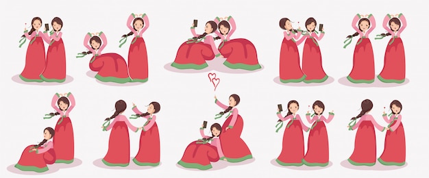 韓国の女の子キャラクターセット 韓服の女性のドレス 感情とジェスチャー プレミアムベクター
