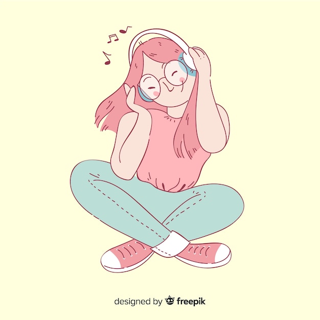 音楽を聴く韓国の女の子のイラスト 無料のベクター