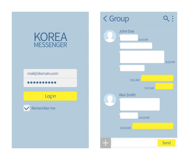 韓国のメッセンジャー カカオトークチャットボックスとアイコンのインターフェイスベクトルメッセージテンプレート プレミアムベクター