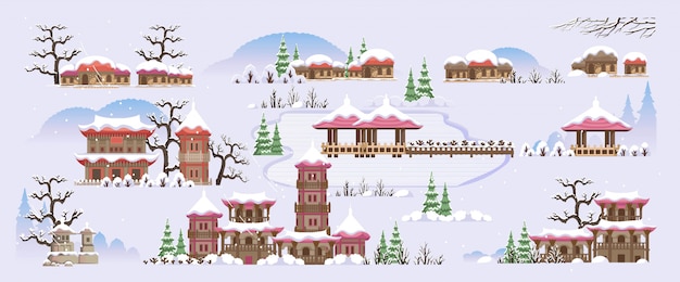 韓国風の建物 韓国風の家と寺院 冬の秋の季節の韓国の風景 冬のさまざまな色 プレミアムベクター