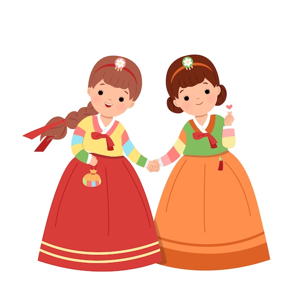 伝統的な韓国の韓服のドレスで手を繋いでいる韓国人女性 韓国の祝日クリップアートを祝うガールフレンド 分離されたフラットスタイルベクトル プレミアムベクター