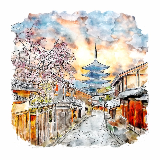 Les lieux Kyoto-japan-village-watercolor-sketch-hand-drawn-illustration_293360-47