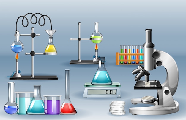 Premium Vector | Lab equipments with beakers and micorscope