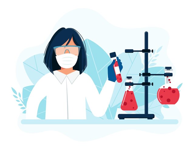 実験室研究実験室の女性科学者実験室のイラストをフラットスタイルで実験するワクチン研究の科学者 プレミアムベクター