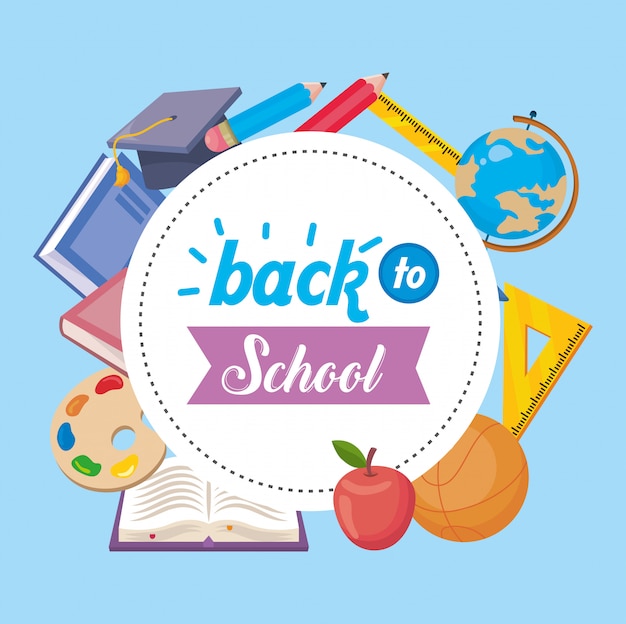 Label of books with graduation cap and global map desk Free Vector