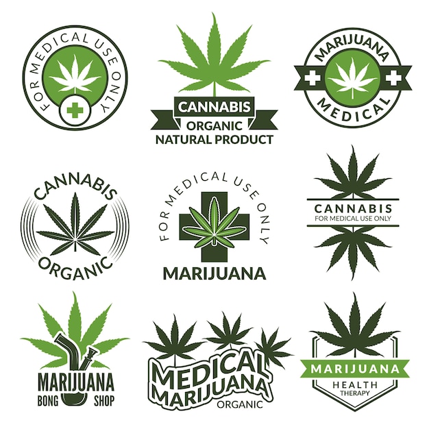 Premium Vector Labels Set With Different Pictures Of Marijuana Plants Medical Herbs Cannabis Leaf Marijuana Narcotic Badge Medicinal Illustration