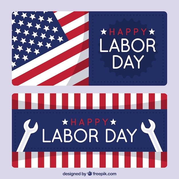 Labor day banners with flag and tools
