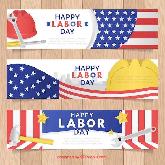 Labor day banners with tools and flags