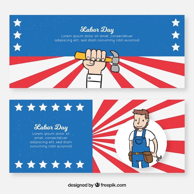 Labor day banners with worker in hand drawn\
style