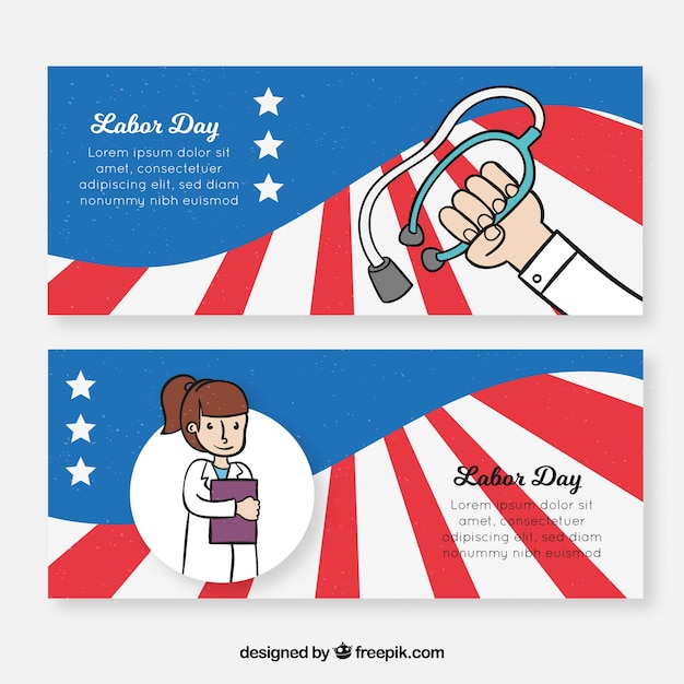 Labor day banners with worker in hand drawn
style