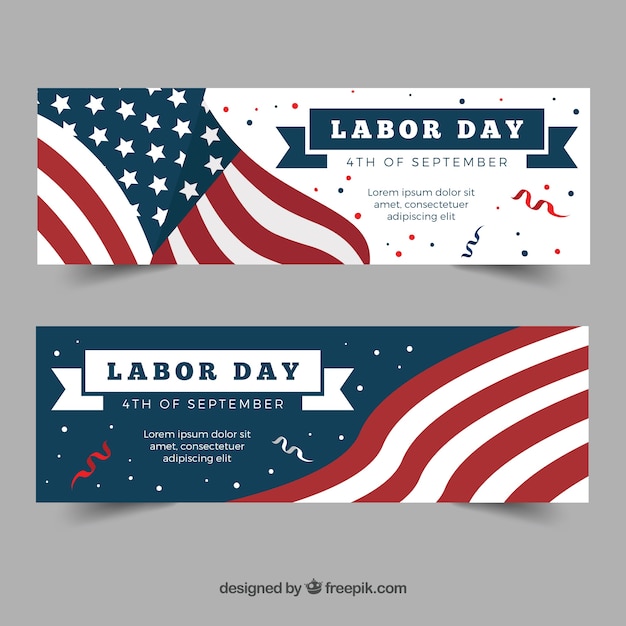 Labor day banners witth flag and\
confetti