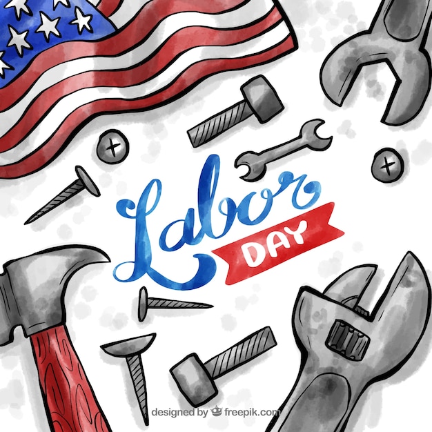 Labor day composition with watercolor\
tools