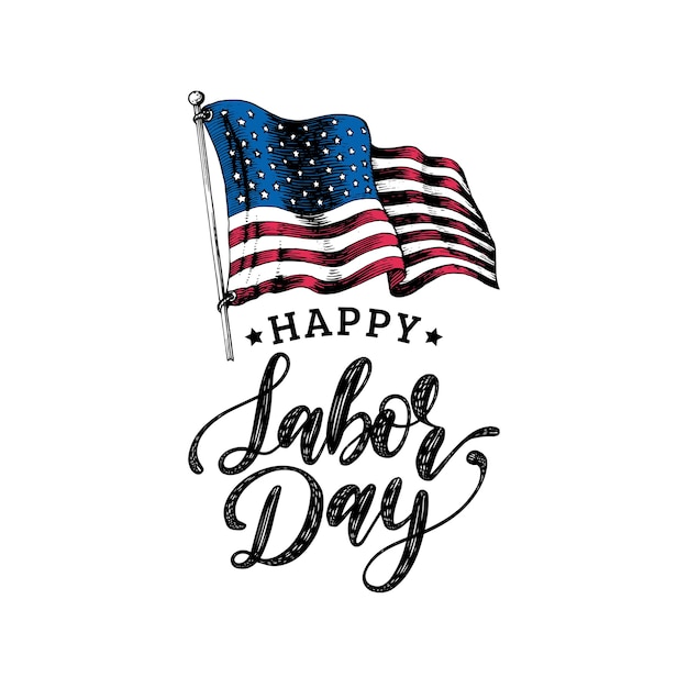 労働者の日 手レタリング 刻まれたスタイルで描かれた米国旗と国民のアメリカの休日イラスト プレミアムベクター