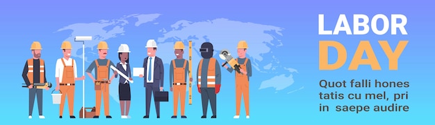 Labor day horizontal template with people of different occupations over world map Premium Vector
