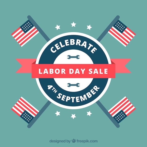 Labor day\'s background with badge and flags in\
flat design