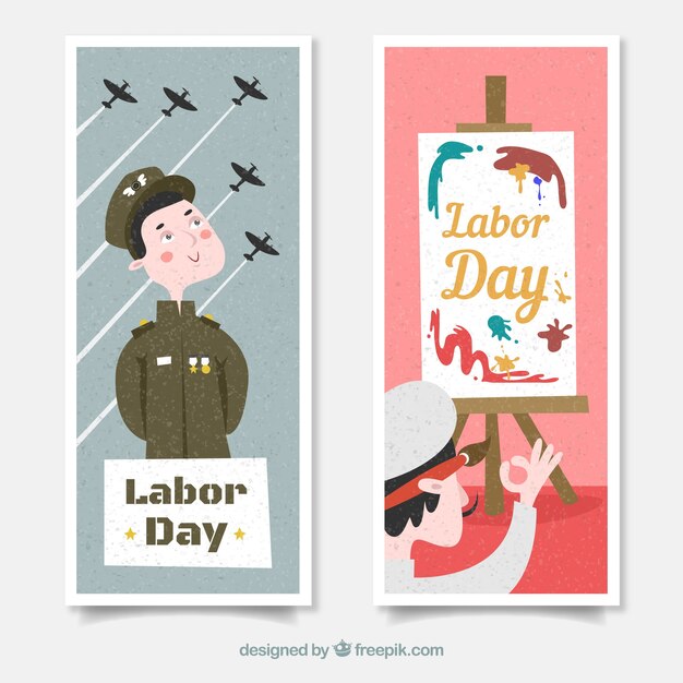 Labor day's banners with soldier and painter in flat design Free Vector Labor day's banners with soldier and painter in flat design Free Vector