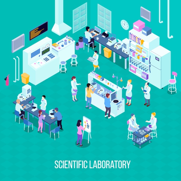 Laboratory isometric composition with staff, scientific equipment with computer technologies, chemical tools Free Vector