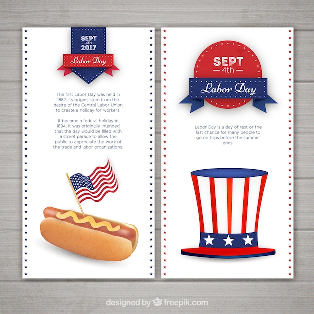 Labors day\'s banners with hot dog and\
hat