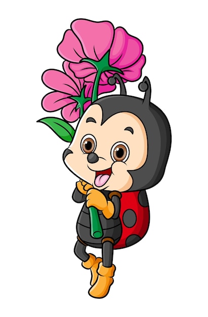 Premium Vector | The ladybug is very happy while holding a flower of ...