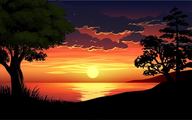 Download Premium Vector | Lake sunset illustration with dramatic sky