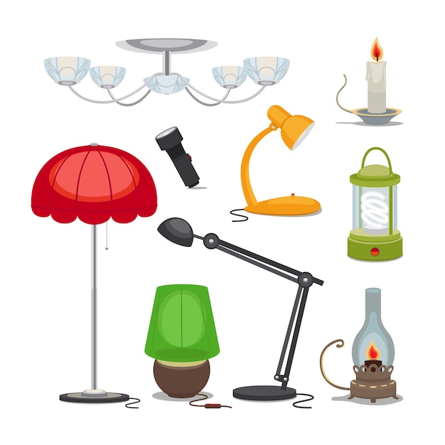 Free Vector | Lamps and lights. chandelier, flashlight, candle and oil