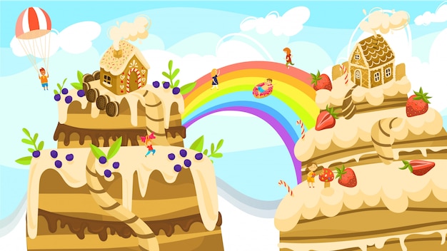 お菓子のファンタジーの世界 ケーキとジンジャーブレッドの家の漫画イラストの間の虹の男の子と女の子の土地 プレミアムベクター