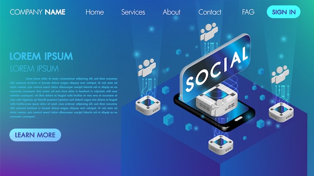 Landin page. mocksite. virtual reality social communication concept with technology connect isometric vector Premium Vector