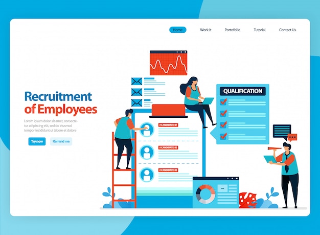 Landing page   design for illustration of employee recruitment. choose best prospective workers. fla