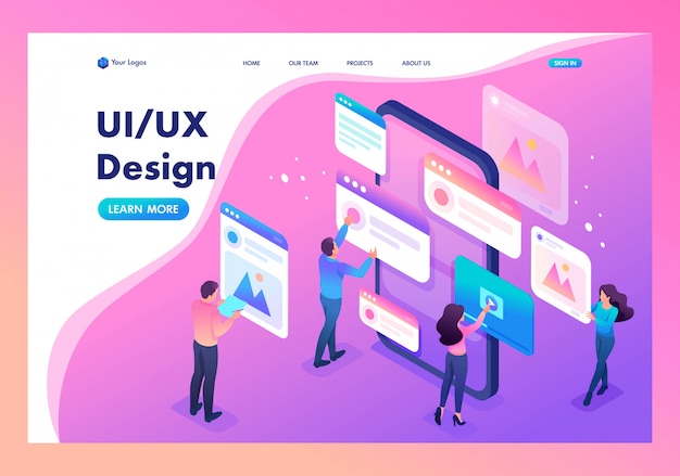 Landing page of the process of creating an application design, ui ux Premium Vector
