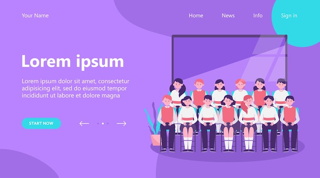 ランディングページ 教室でクラス写真のポーズをとる学校の生徒 黒板の近くの行に座っている制服を着た10代の男の子と女の子 メモリ クラスメート 教育概念のベクトルイラスト 無料のベクター