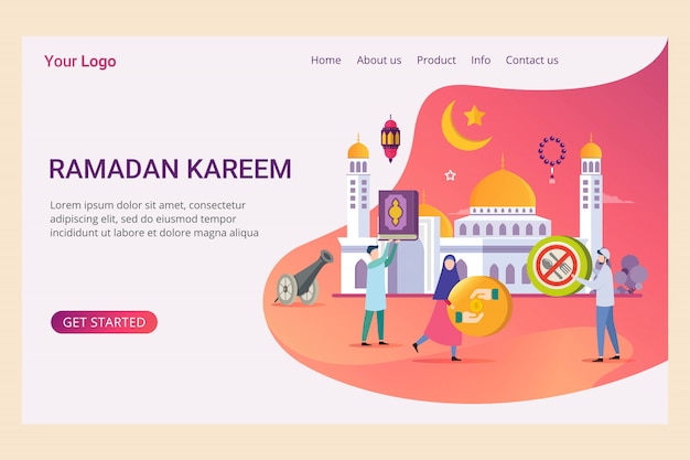 Landing page template ramadan kareem with small people Premium Vector