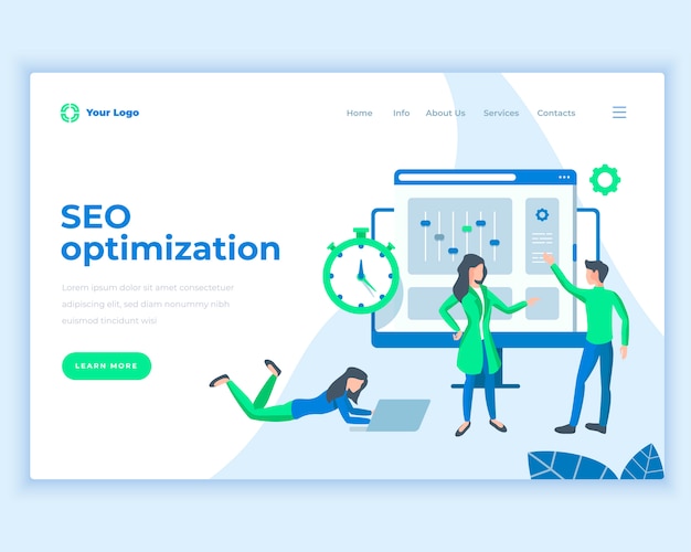 Landing page template seo optimization concept with office people. Premium Vector